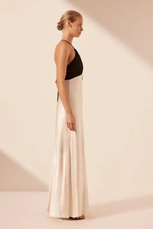 Shona Joy Lino Cross Back Halter Maxi Dress Cream Black Size 6 photo 3