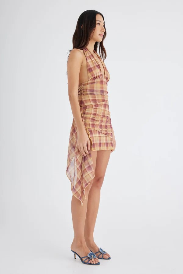 BENNI PENELOPE HALTER MINI DRESS - TOFFEE CHECK photo 4