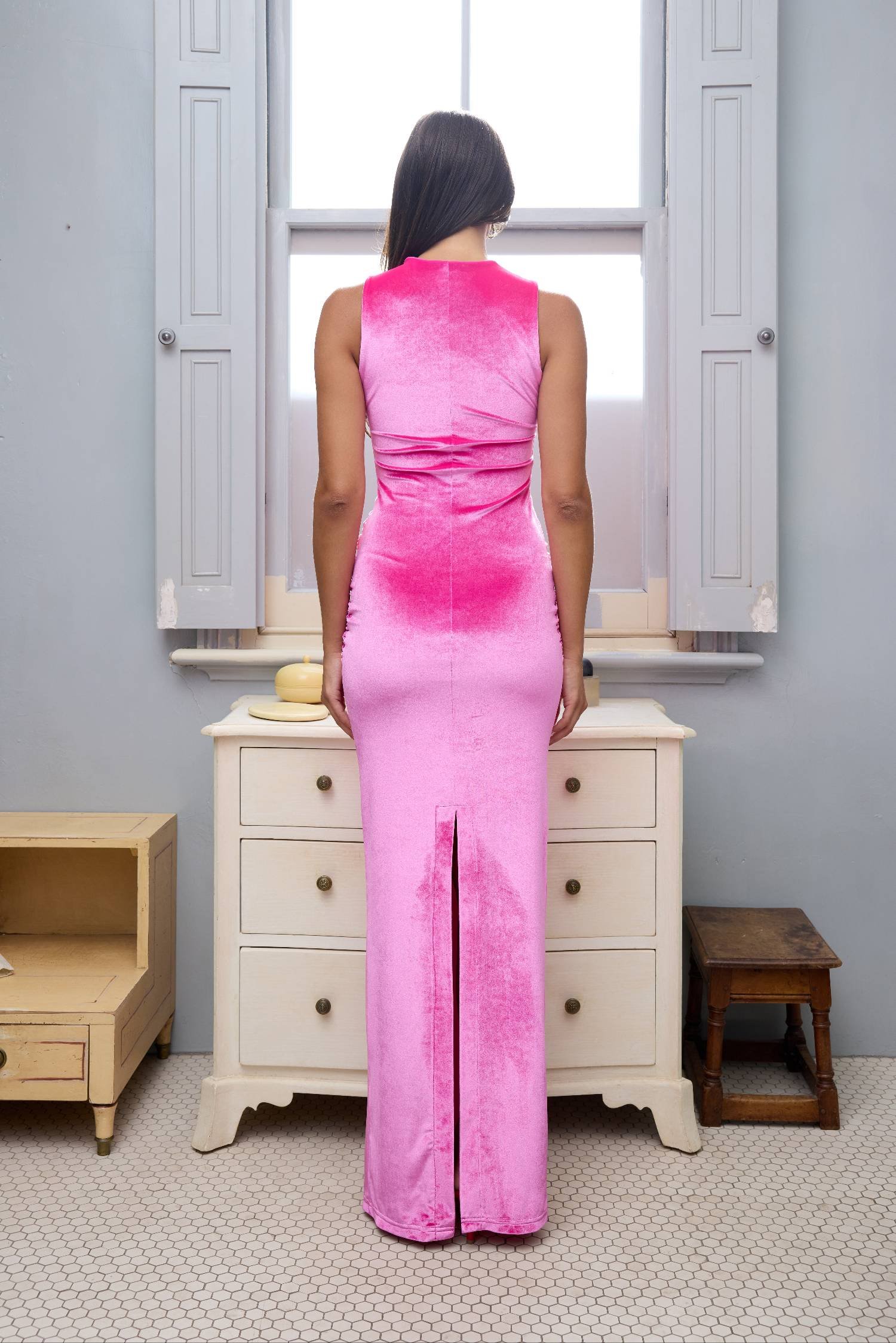 WITH HARPER LU RUCHED VELOUR MAXI DRESS - FUCHSIA photo 5