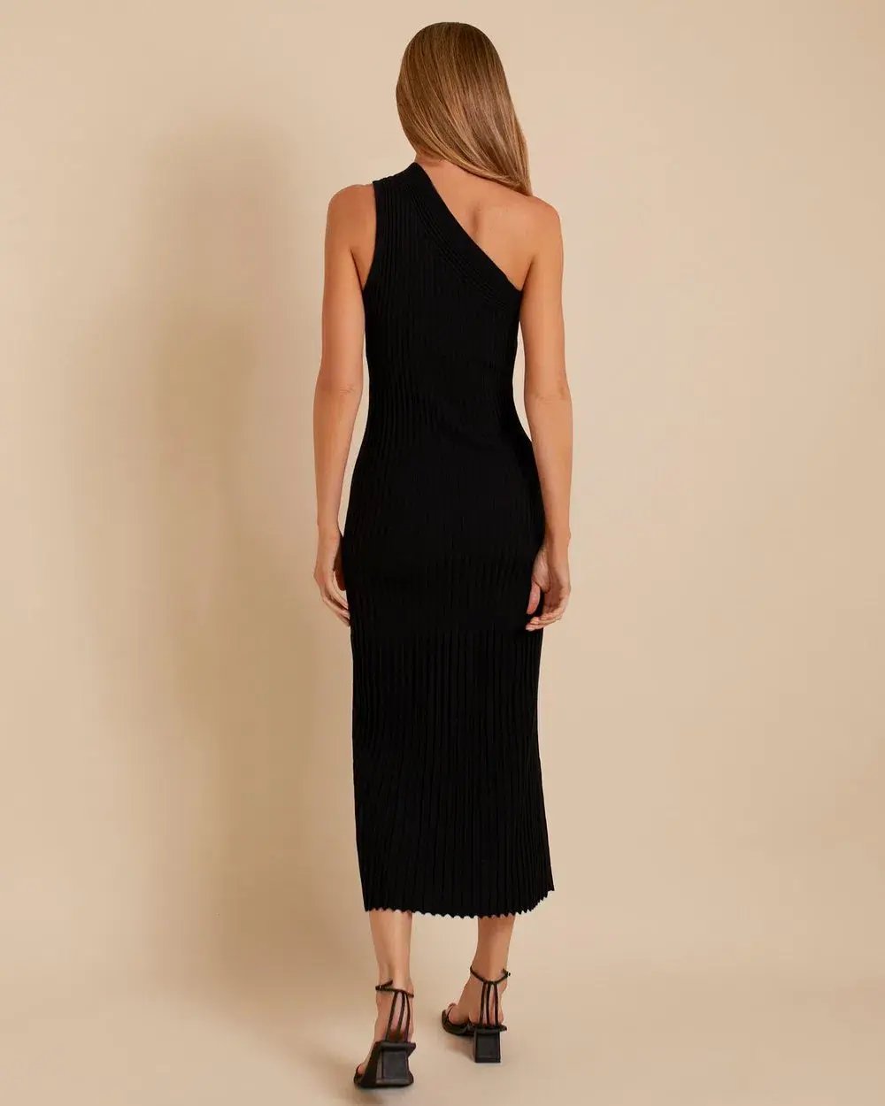 Minimia Esentiales Britta One Shoulder Knitted Midi Dress Black Size 8 photo 2