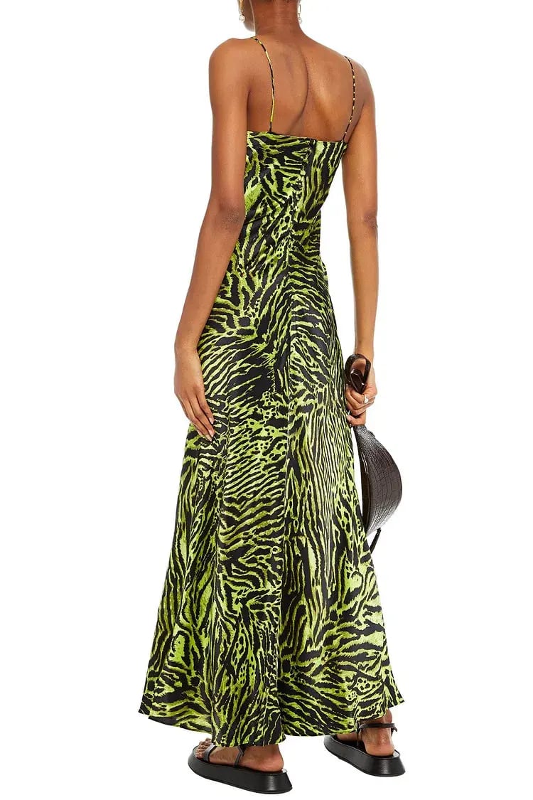 Ganni Silk Blend Satin Maxi Dress in Green Tiger Print Size M / AU 10 photo 2