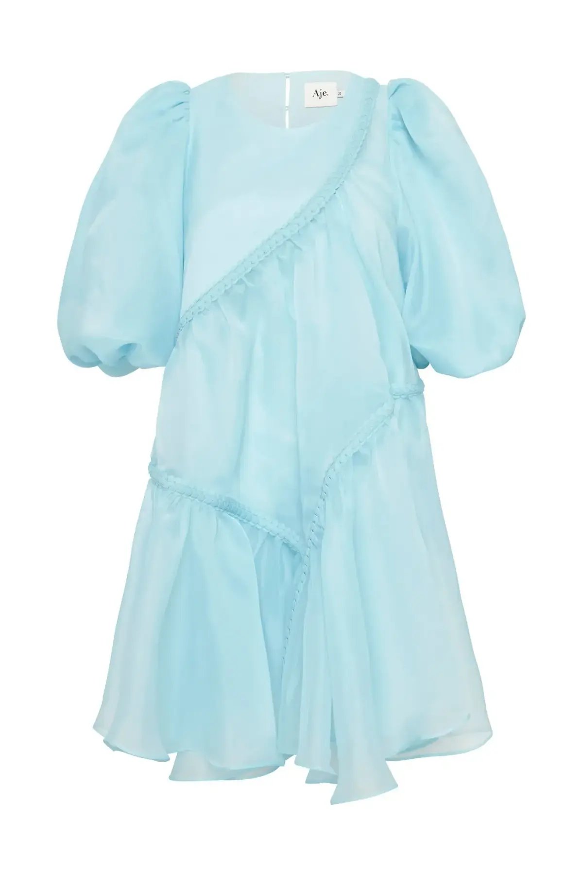 Aje Riviera Asymmetric Braided Puff Sleeve Smock Dress Blue Size 12 photo 6