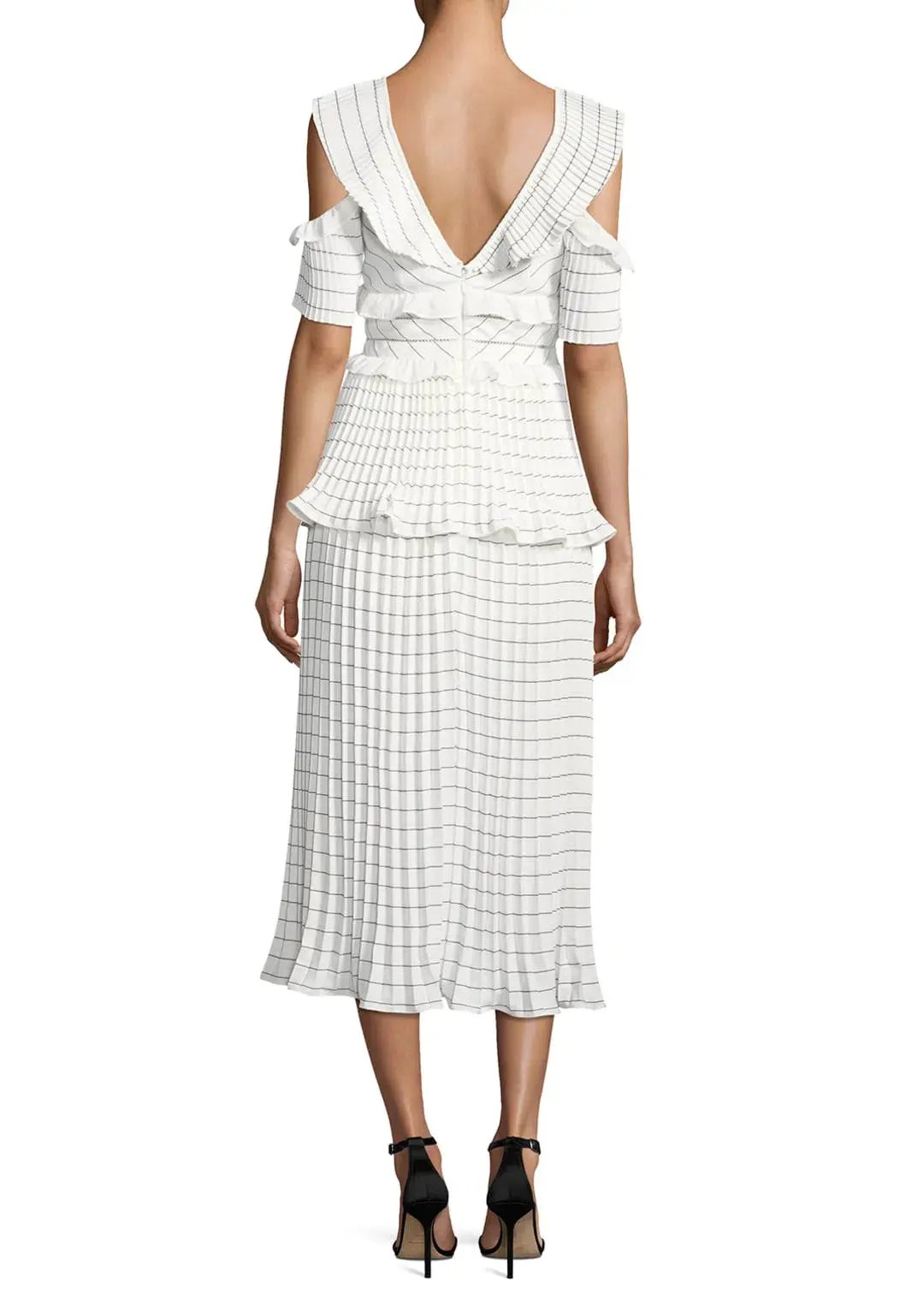 Self Portrait Monochrome Striped Pleated Midi Cocktail Dress White/Striped Size 10 photo 2