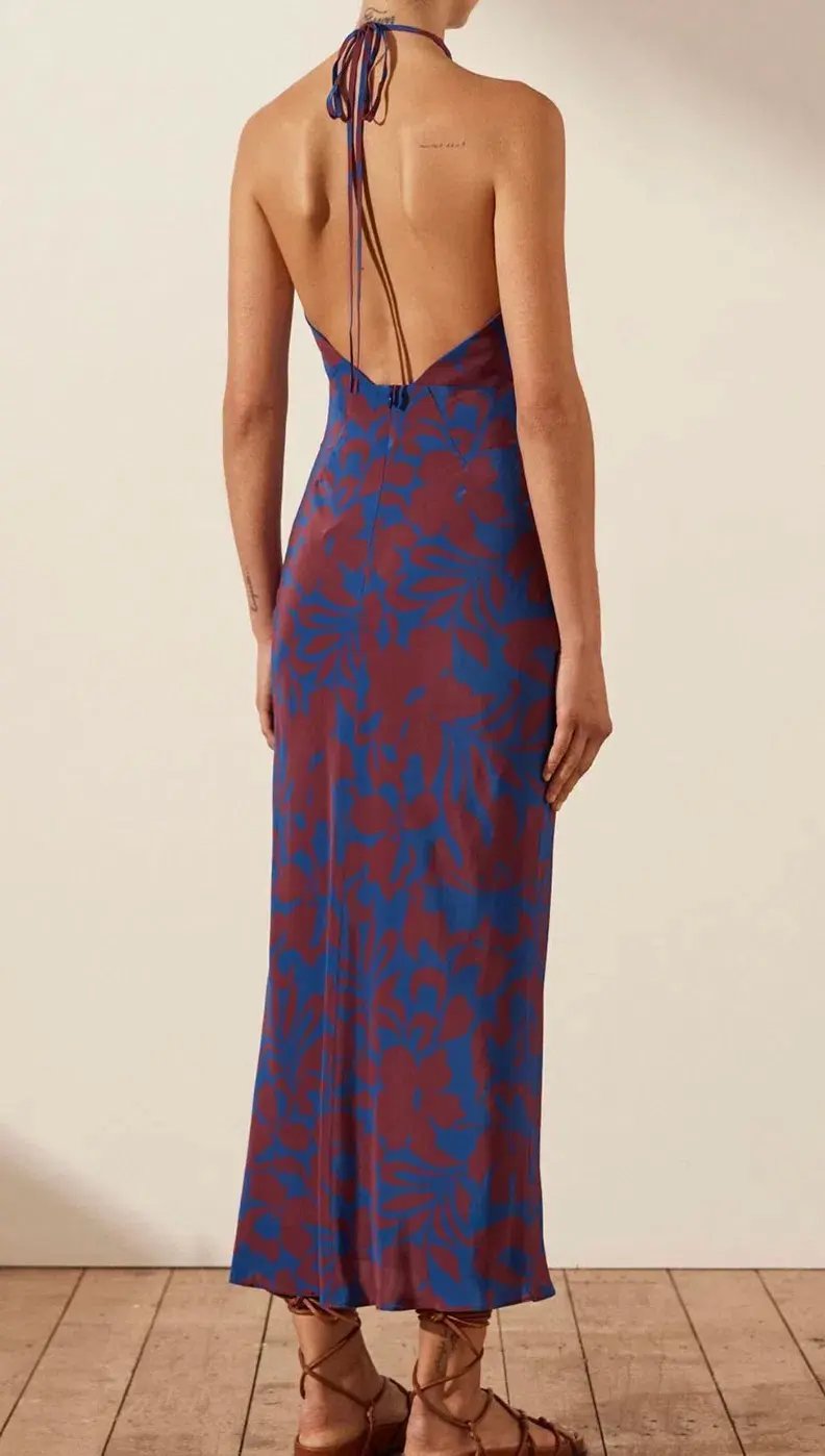 Shona Joy Vida Silk Cross Front Halter Bias Midi Dress Strong Blue Deep Wine Size AU 6 photo 3