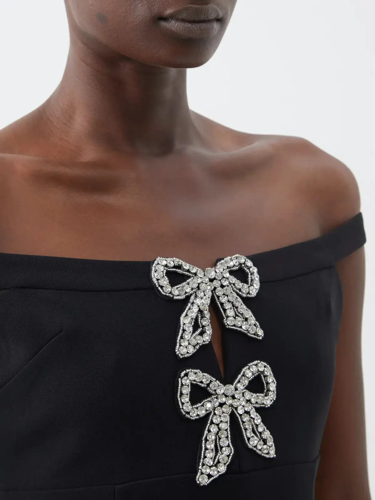 Self-Portrait Off Shoulder Crystal Embellished Bow Tie Crepe Mini Dress Black Size 8 photo 2