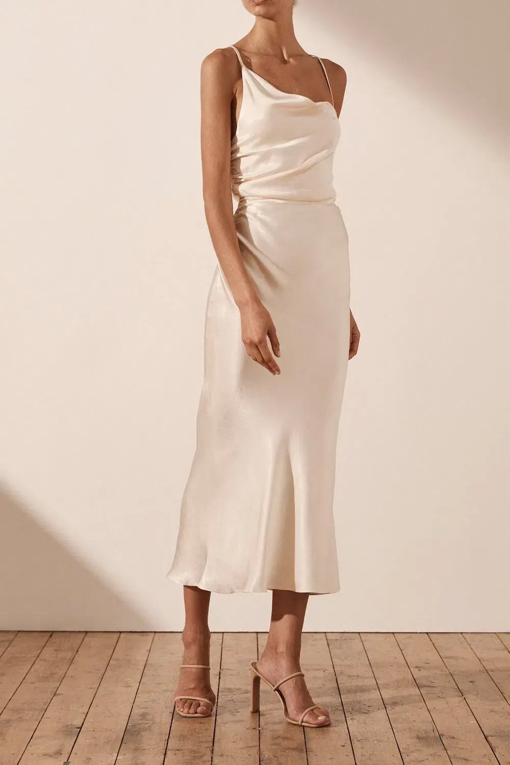 Shona Joy La Lune Asymmetrical Bias Cowl Midi Dress in Cream Size 10 photo 2