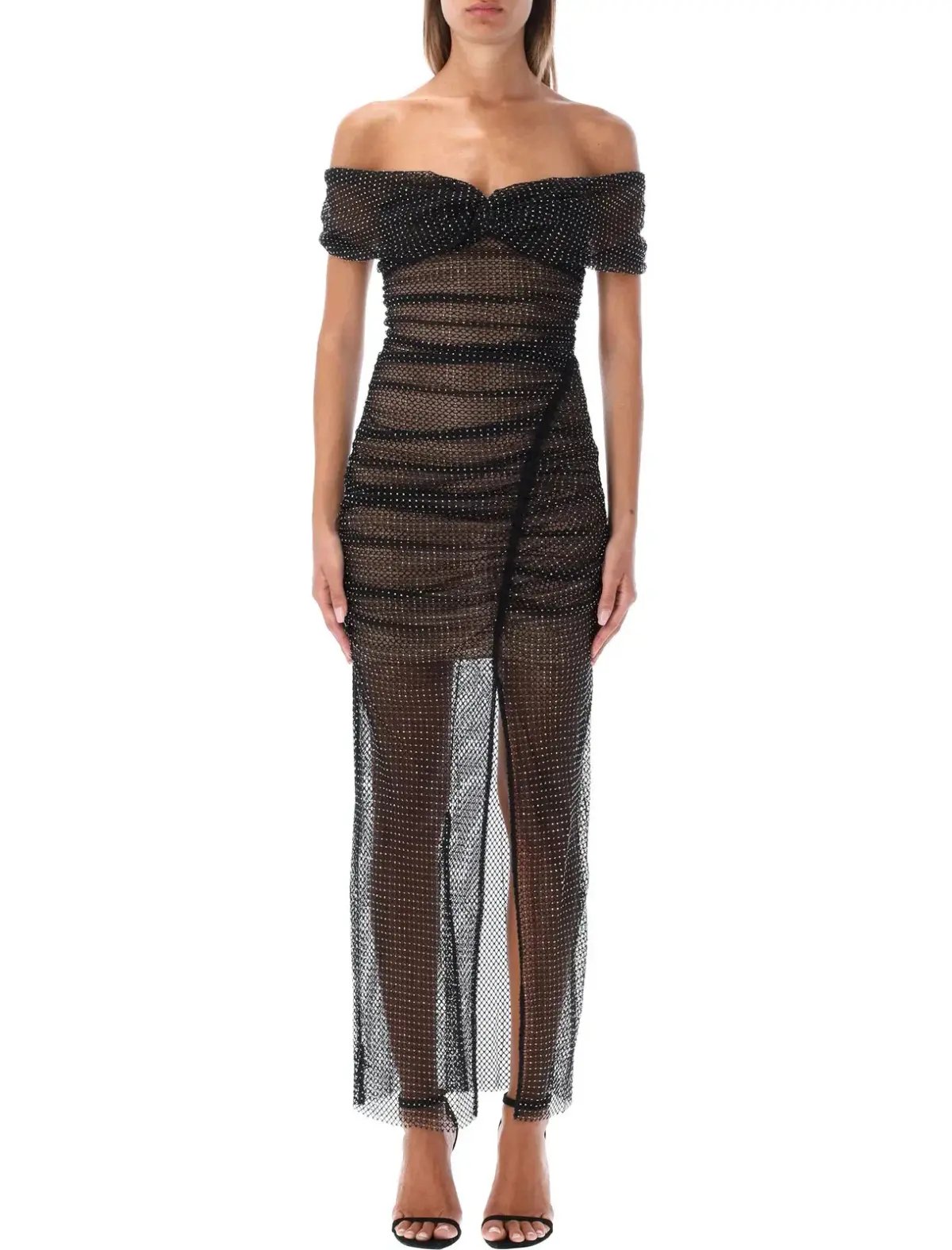 Self Portrait Diamante Fishnet Off Shoulder Midi Dress Black Size 10 photo 2