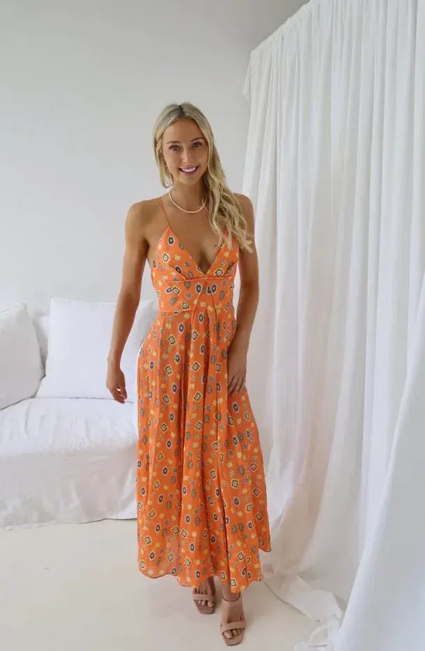 Scanlan Theodore Foulard Linen Strappy Dress Tangerine Orange Floral Size S / AU 8 photo 4