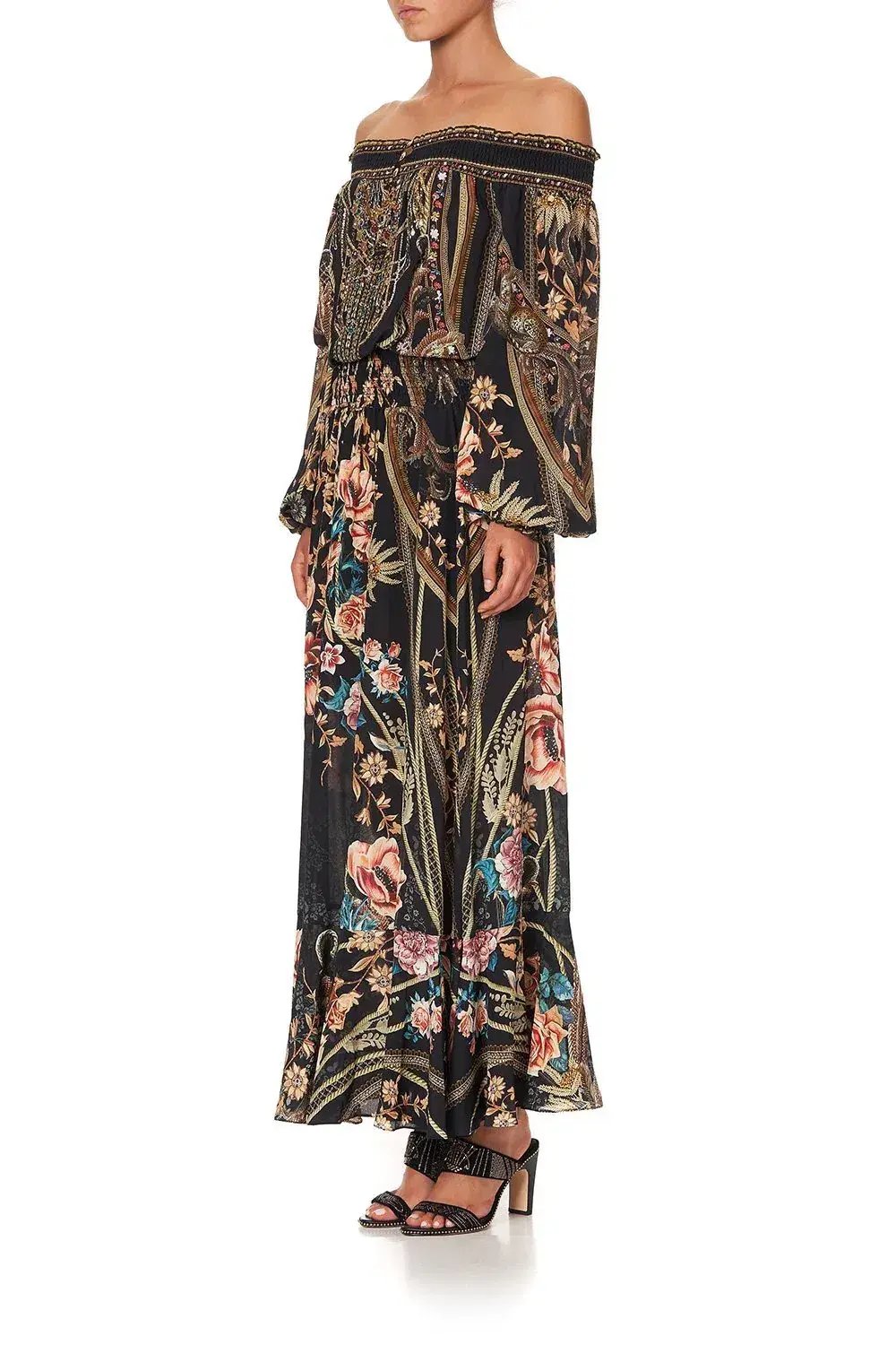 CAMILLA Off Shoulder Shirred Silk Maxi Dress Print Size S/Au 10 photo 4