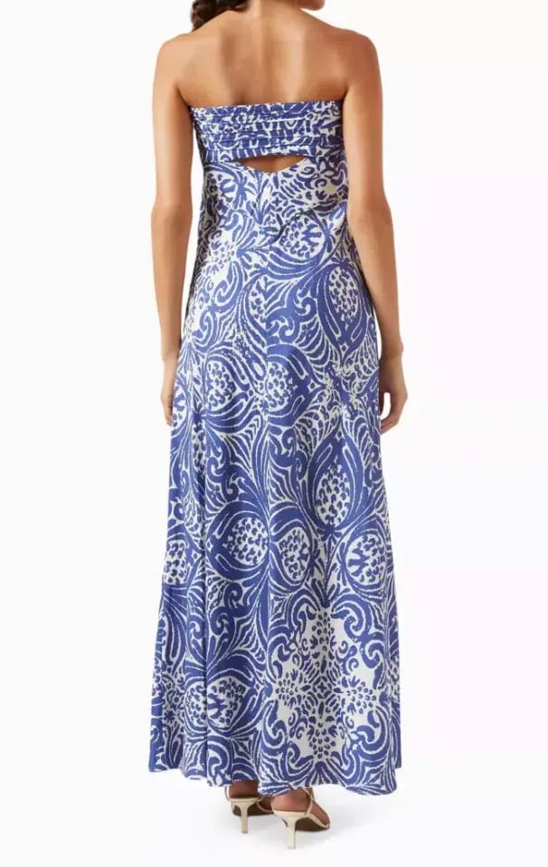 Shona Joy Pombeline Strapless Corded Maxi Dress in Ivory/Blue Print Size 8 photo 2