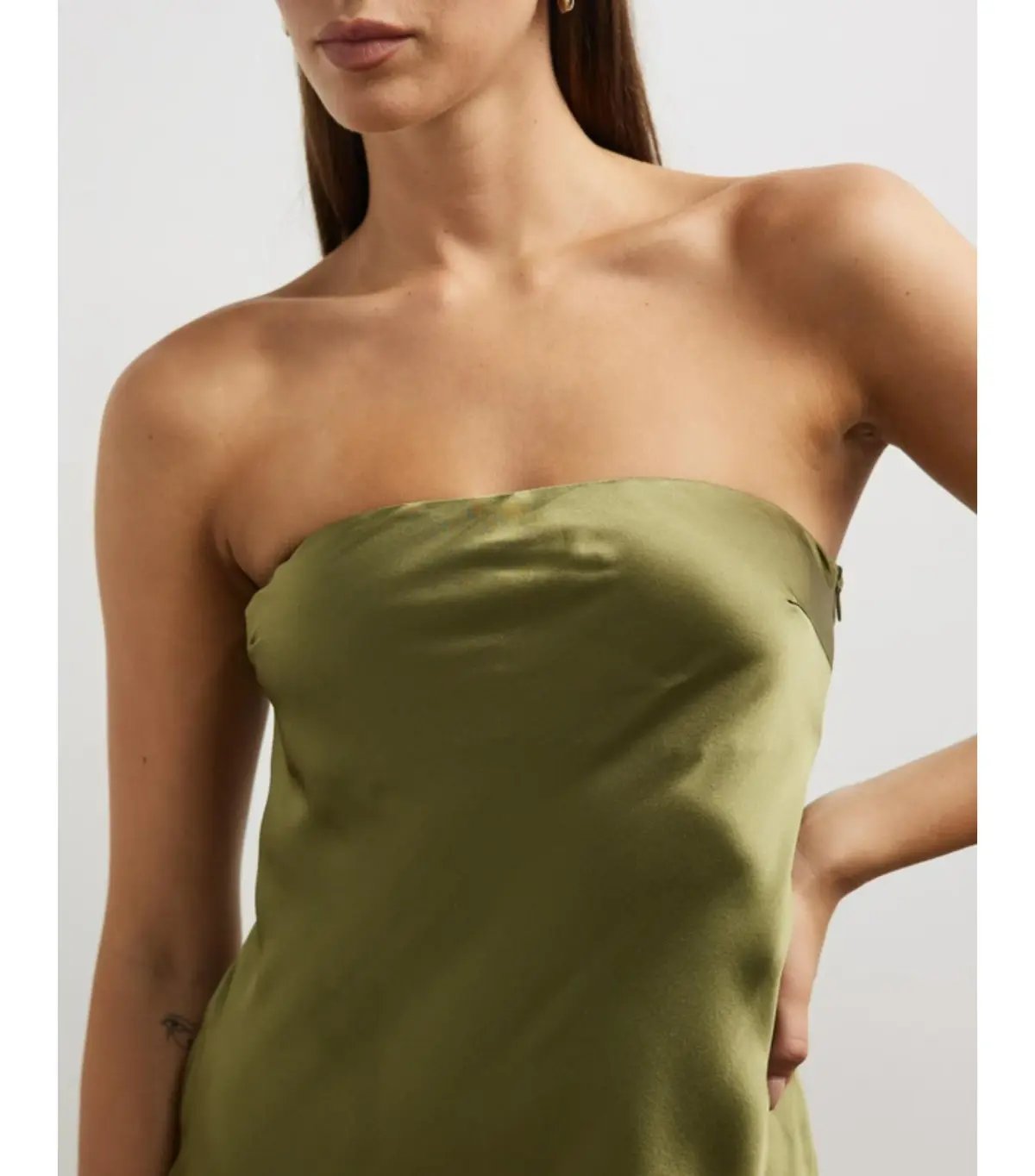 Minima Esenciales Koha Organic Silk Satin Column Dress Olive Branch Size AU 8 photo 2
