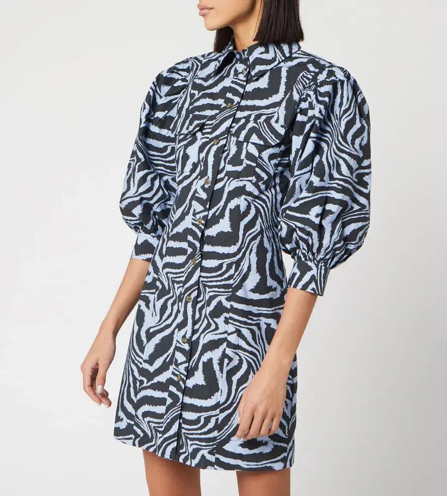 Ganni Cotton Poplin Zebra Shirt Dress Forever Blue Size 10 photo 2