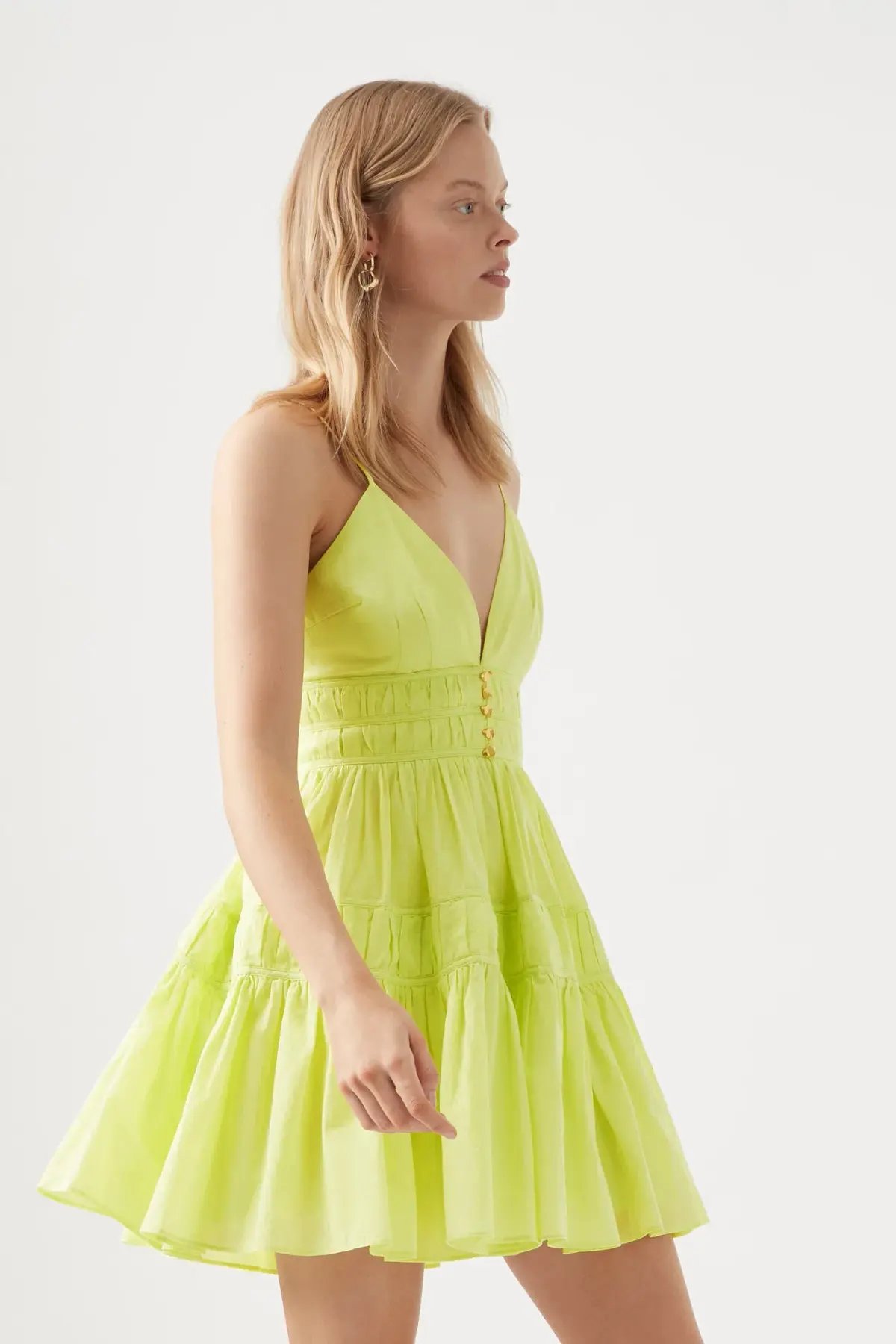 Aje Grace Tiered Mini Dress Light Lemon Green Size 6 photo 2