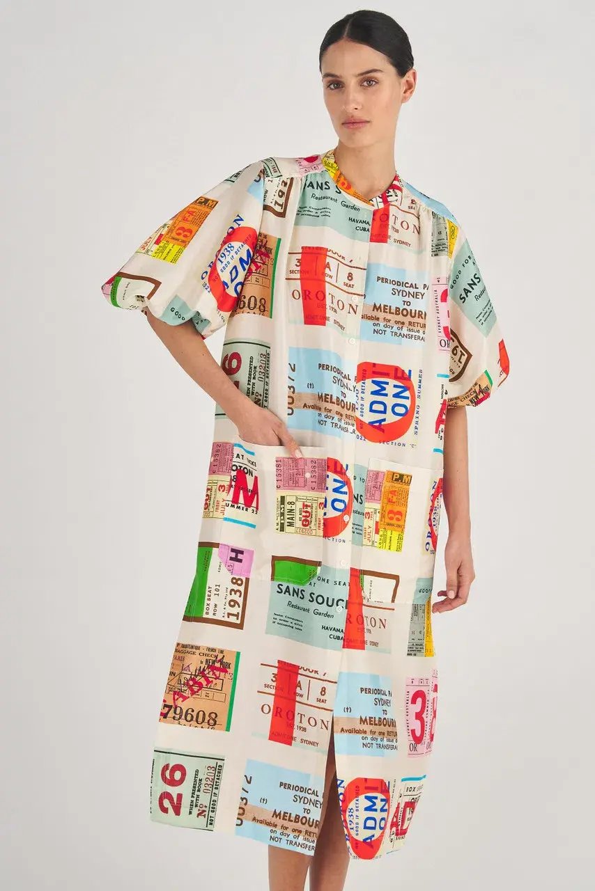 Oroton Ticket Print Shirt Midi Dress Multi Print Size 16 photo 2