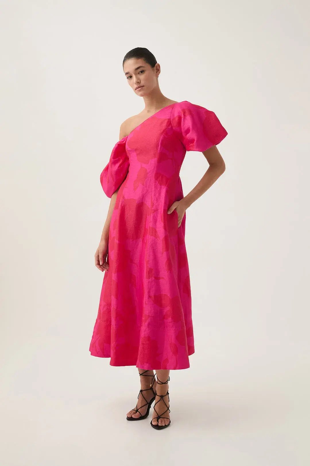 Aje Arista Tulip Sleeve Midi Dress in Florescent Rose Size AU 16 photo 2