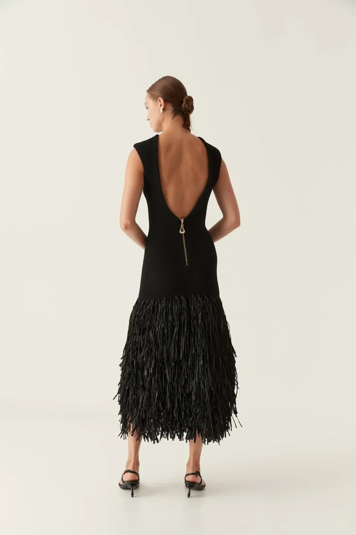Aje RUSHES RAFFIA KNIT MIDI DRESS BLACK size 6 photo 3