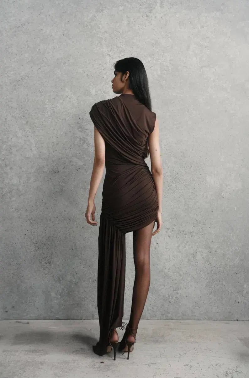 De La Vali Ravenna Draped Jersey Mini Dress in Chocolate Brown Size AU 8 photo 4