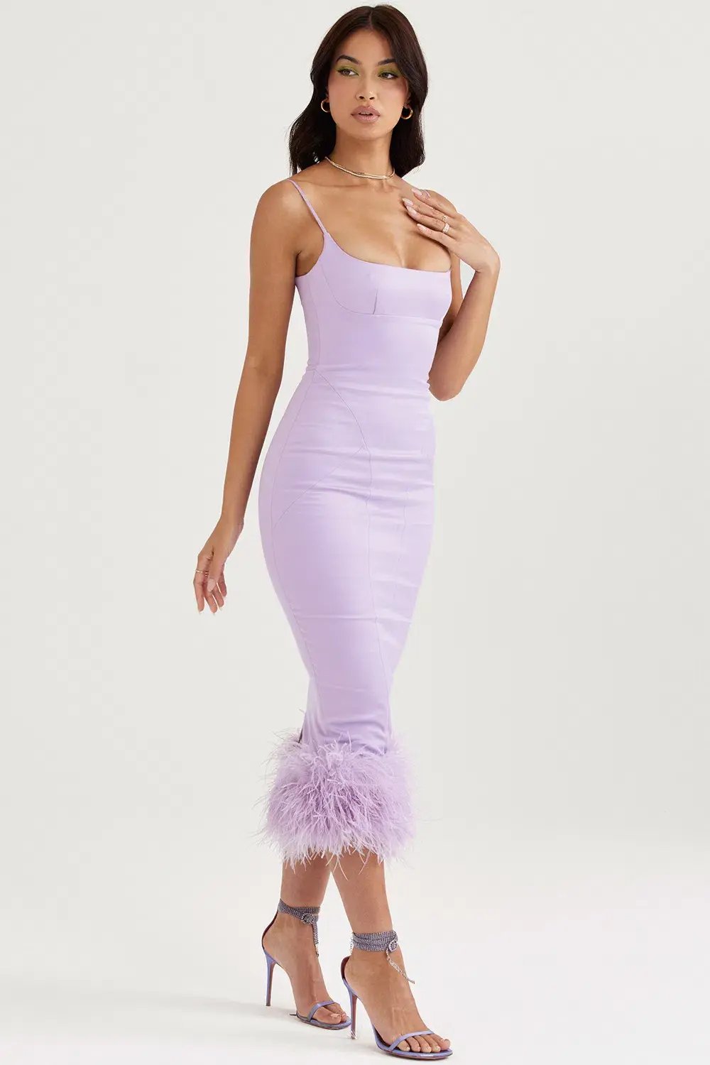 House of CB Helena Satin Feather Trim Midi Dress Purple Size M / Au 10 photo 2