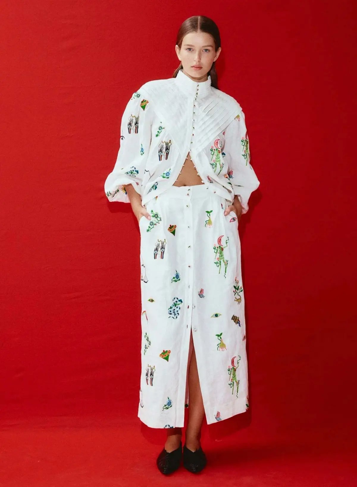 Alemais Atticus Embroidered Shirt and Skirt Set Cream Multi Size 12 photo 4