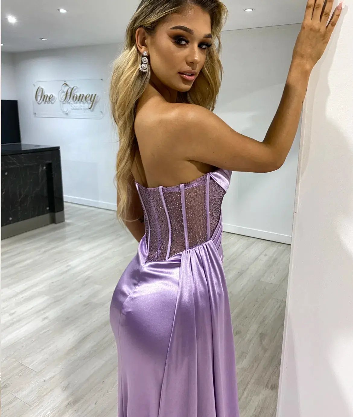 Honey Couture Gigi Corset Sparkle Bustier Strapless Mermaid Gown Dress Purple Size 8 photo 2