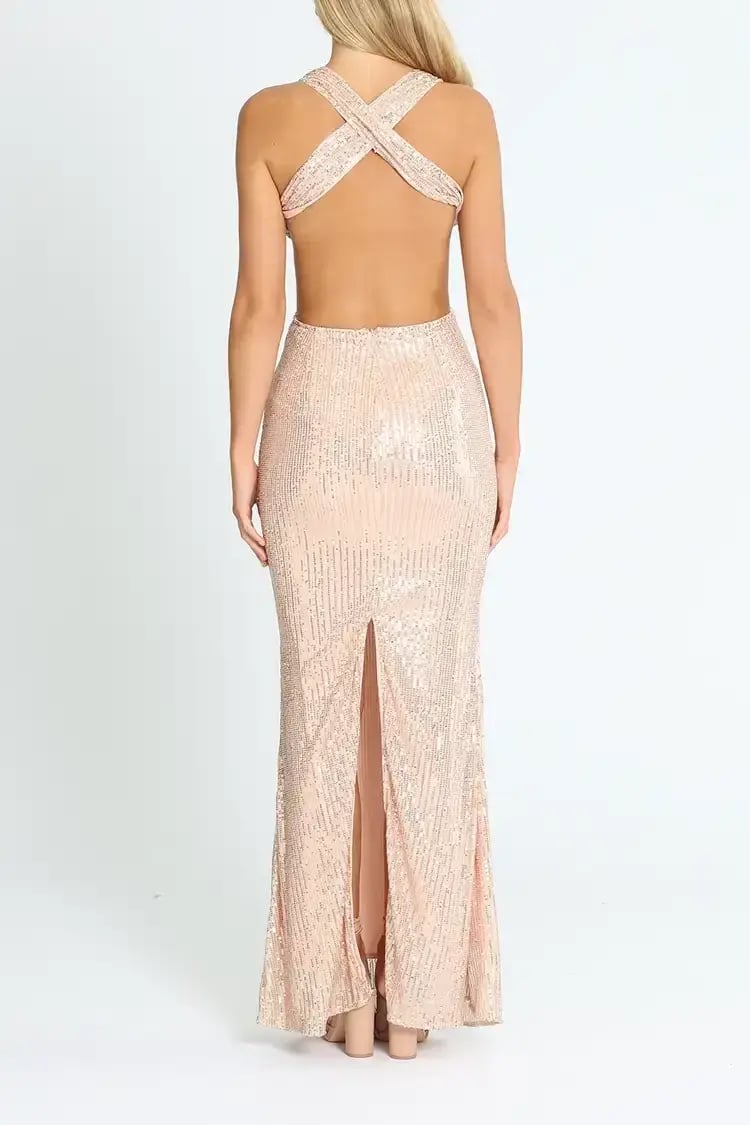 Elle Zeitoune Lauinda Cut Out Sequin Gown in Rose Gold Size 6 photo 3