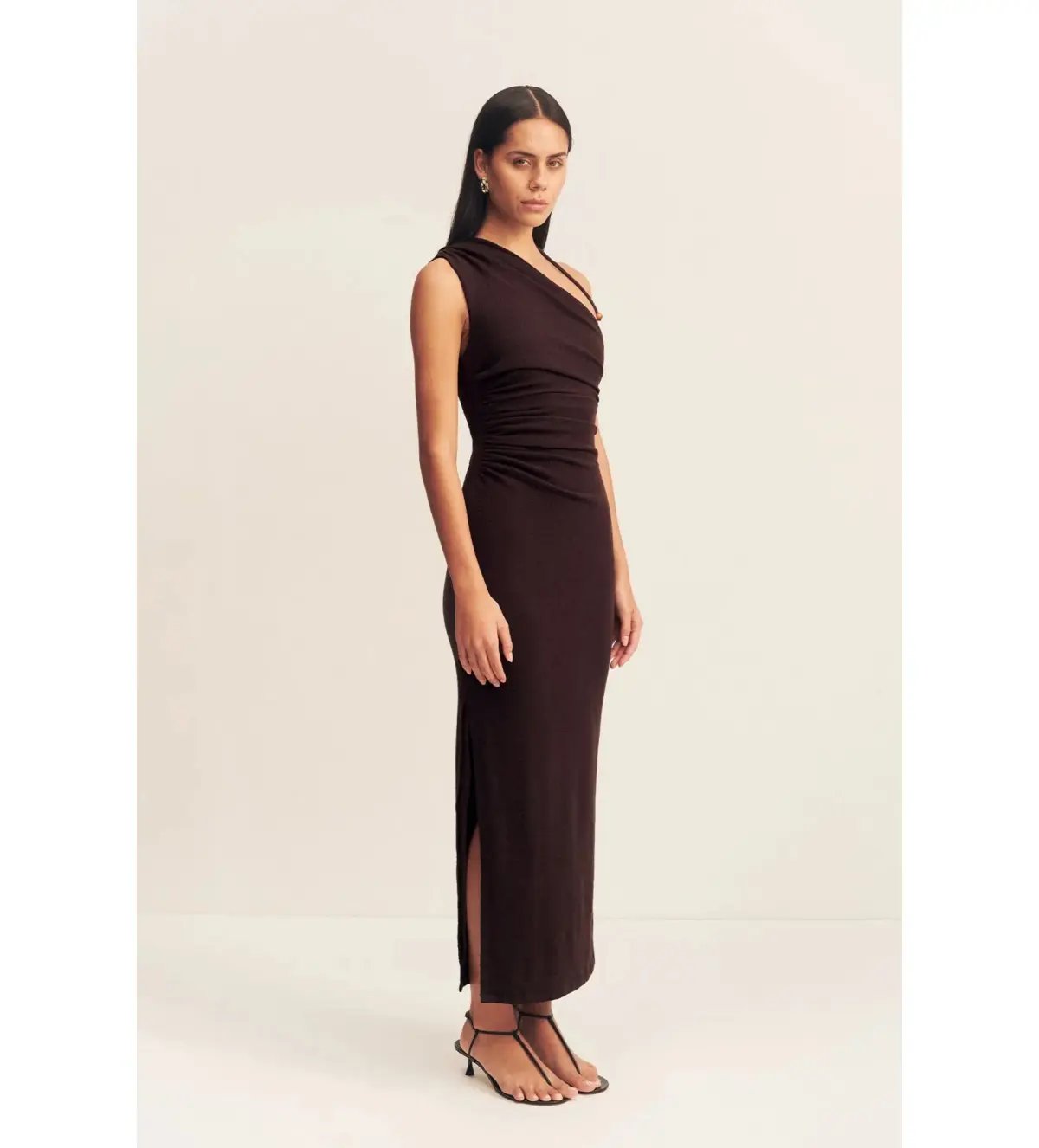 Shona Joy Beau Gathered Asymmetrical Midi Dress in Espresso Size XS / AU 6 photo 2