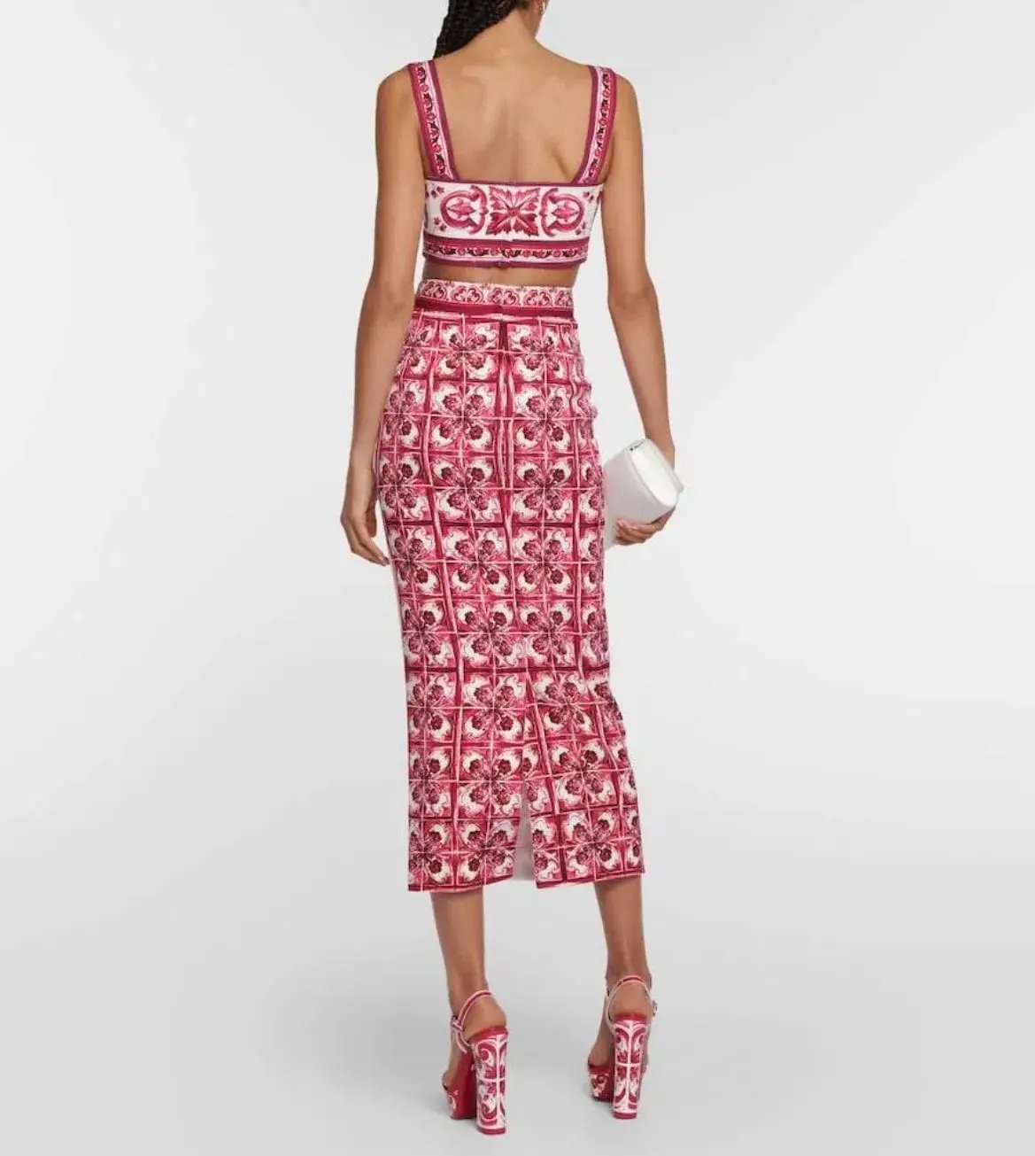 Dolce & Gabbana Majolica Top and Silk Blend Midi Skirt in Red Set Size 10 photo 3