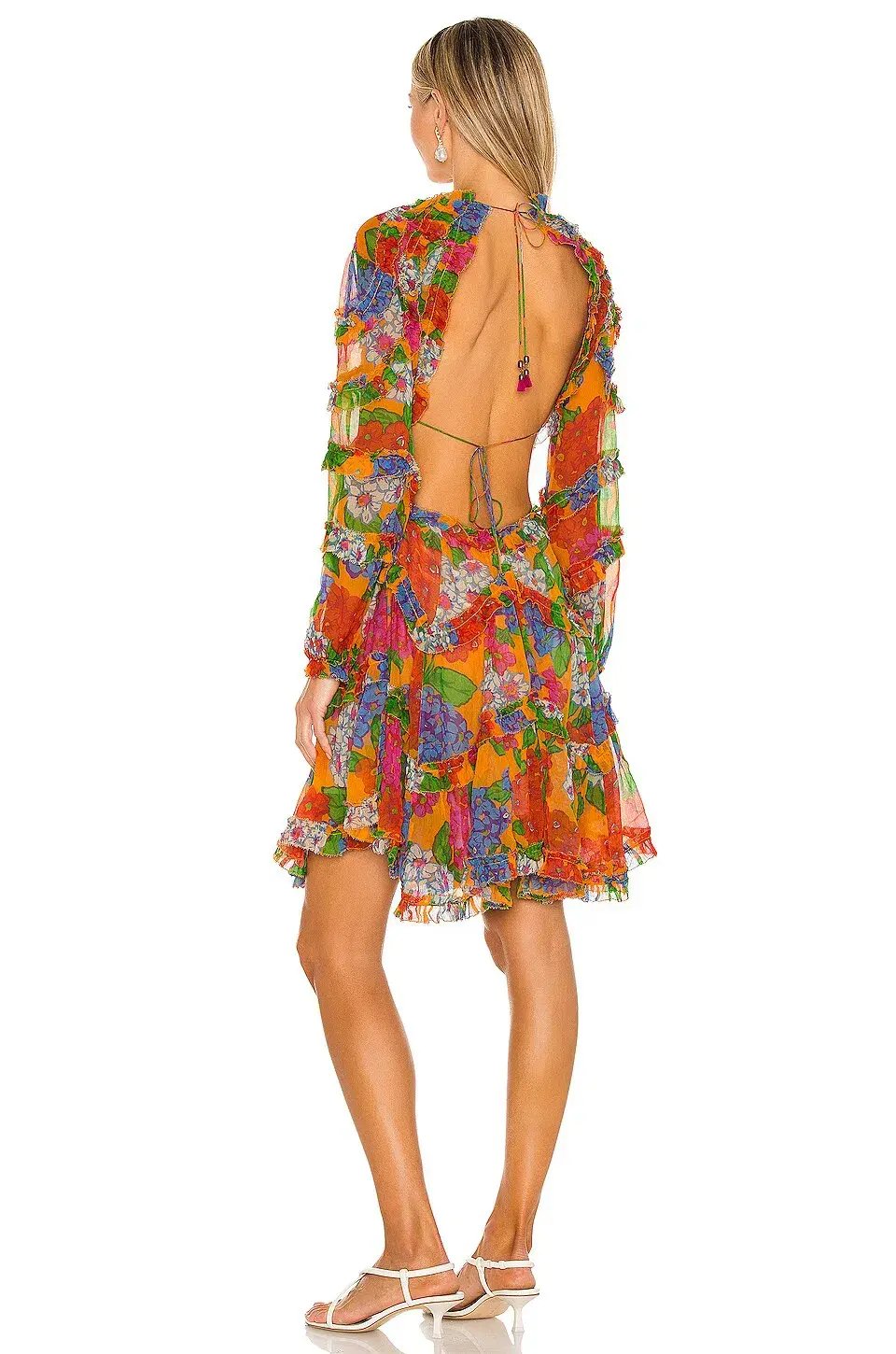Zimmermann Riders Open Back Silk Frill Mini Dress Mango Floral Size 3 / Au 14 photo 2