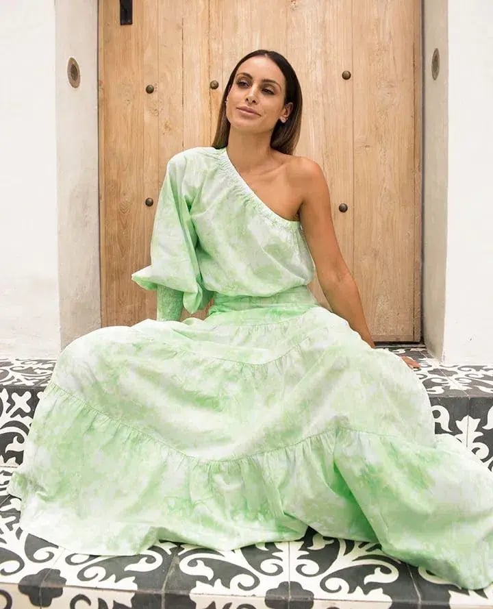 SWF Boutique One Shouldered Crop and Layered Skirt Set Force Green Size 8 photo 2