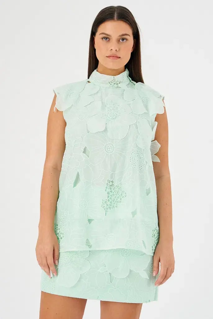 Oroton Tie Neck Lace Top Size AU 8 & Lace Mini Skirt Size AU 10 Set Sea Spray photo 4