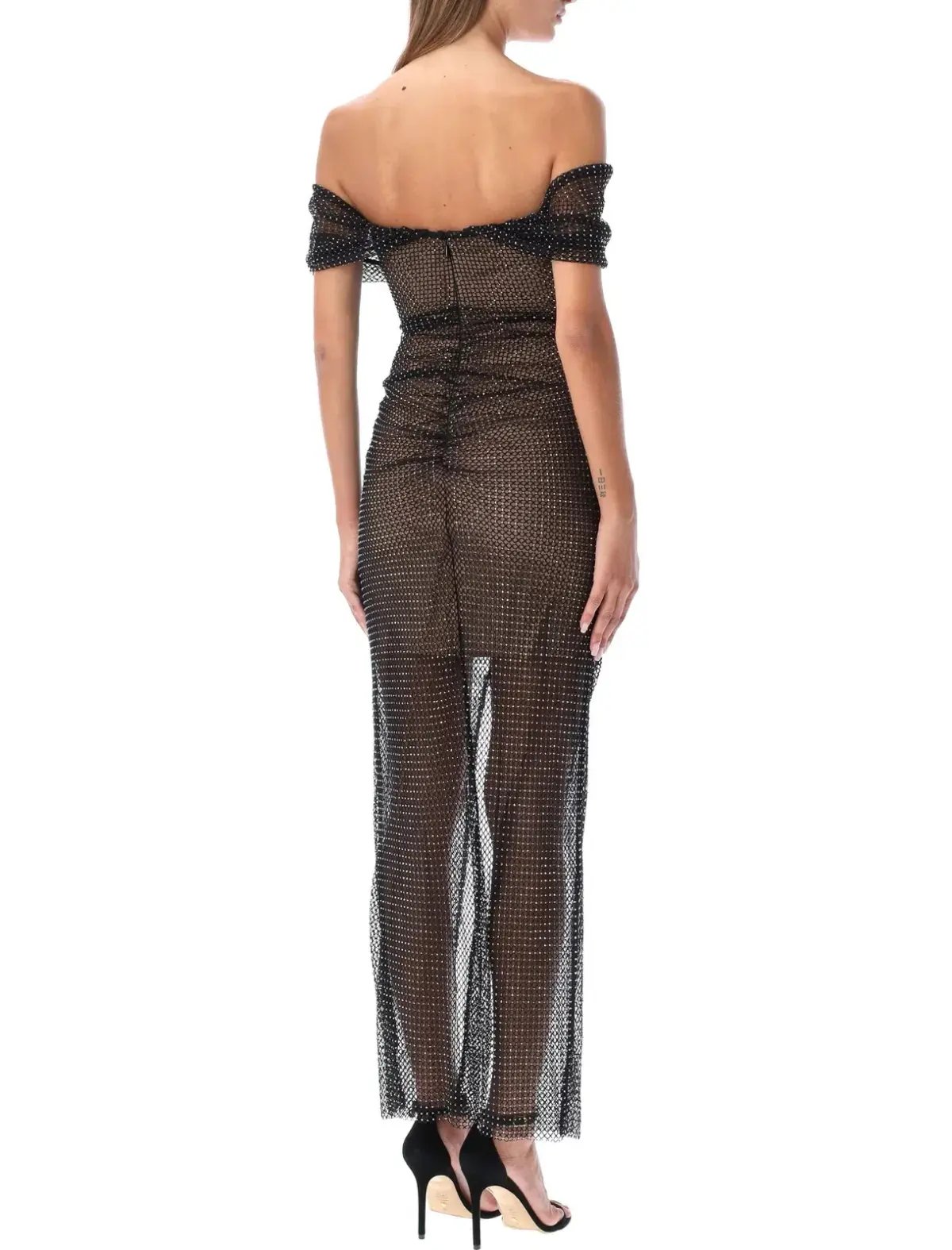 Self Portrait Diamante Fishnet Off Shoulder Midi Dress Black Size 10 photo 3