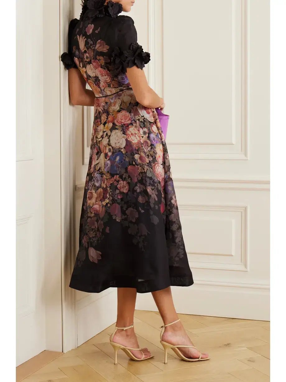 Zimmermann Luminosity Lift Off Flower Midi Dress Morisot Black Floral Print Size 16/4 photo 2
