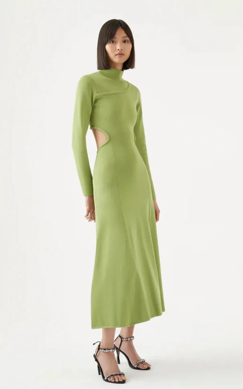 Aje Amelie Braided Cut Out Knit Dress in Olive Green Size M/Au 12 photo 2
