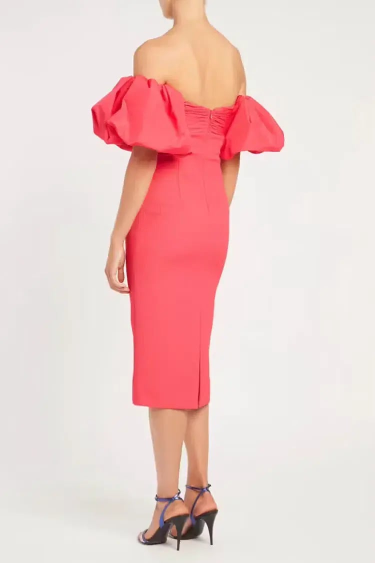 REBECCA VALLANCE CAITLIN OFF THE SHOULDER MIDI DRESS CORAL PINK SIZE 8 photo 3