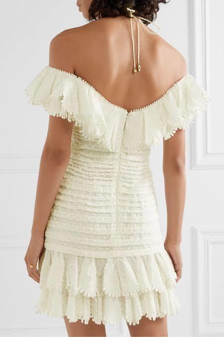 Zimmermann Super Eight Off The Shoulder Ruffled Pleated Mini Dress Ivory Size 0 / AU 8 photo 4