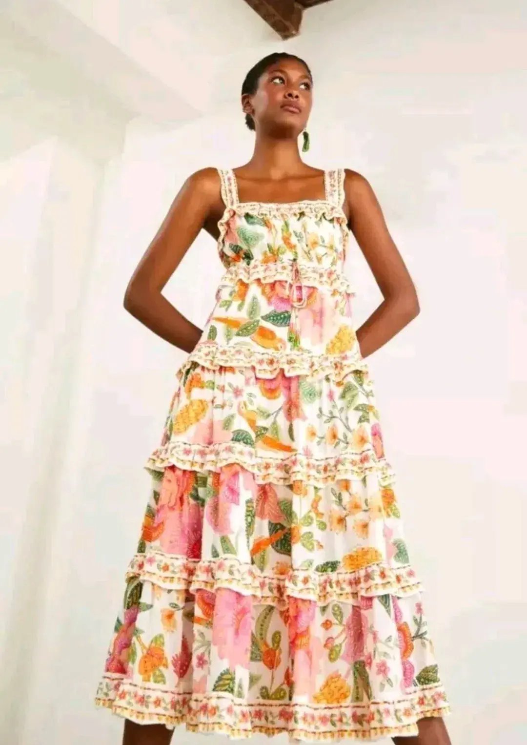 Farm Rio Macaw Bloom Ruffle Tropical Tiered Sundress Floral Size S / AU 8 photo 3