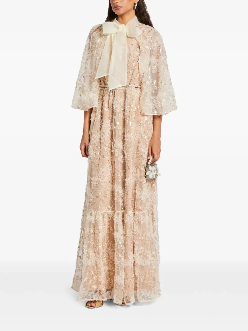 Self-Portrait Embellished Cape Maxi Dress Beige Size 8 photo 5