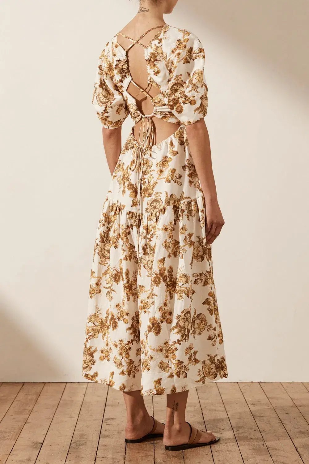 Shona Joy Bella Linen Short Sleeve Open Back Midi Dress Print Size 10 photo 3