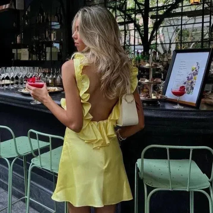 House of CB Tink Satin Ruffle Mini Dress Buttercup Size M/AU 10 photo 5