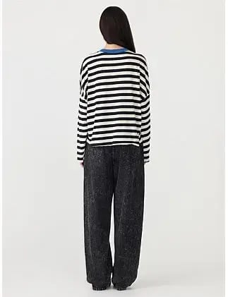 Bassike Stripe Boxy V Neck Long Sleeve T-Shirt Black Size 10 photo 3