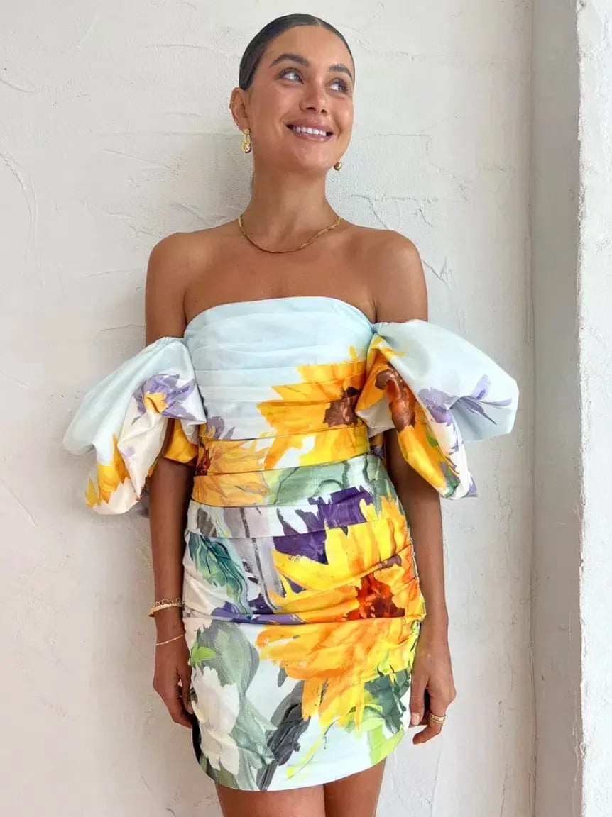 Leo Lin Brenda Sunflower Puffy Sleeve Mini Dress Sunflower Print in Landscape Size 6 photo 3