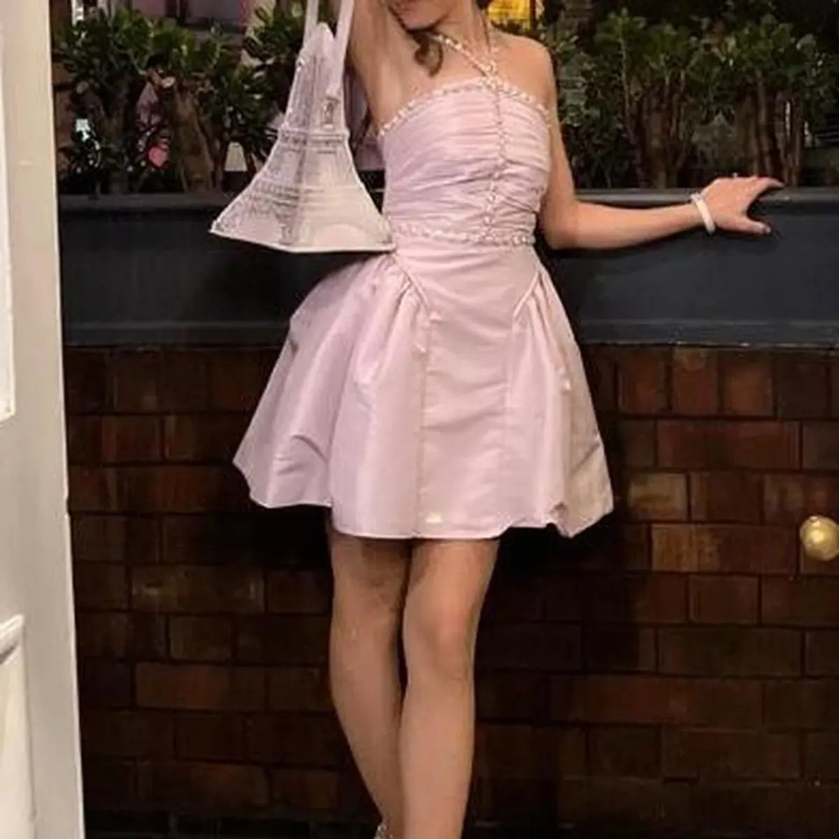 Self Portrait Crystal Embellished Ruched Taffeta Mini Dress Lilac Size 6 photo 3