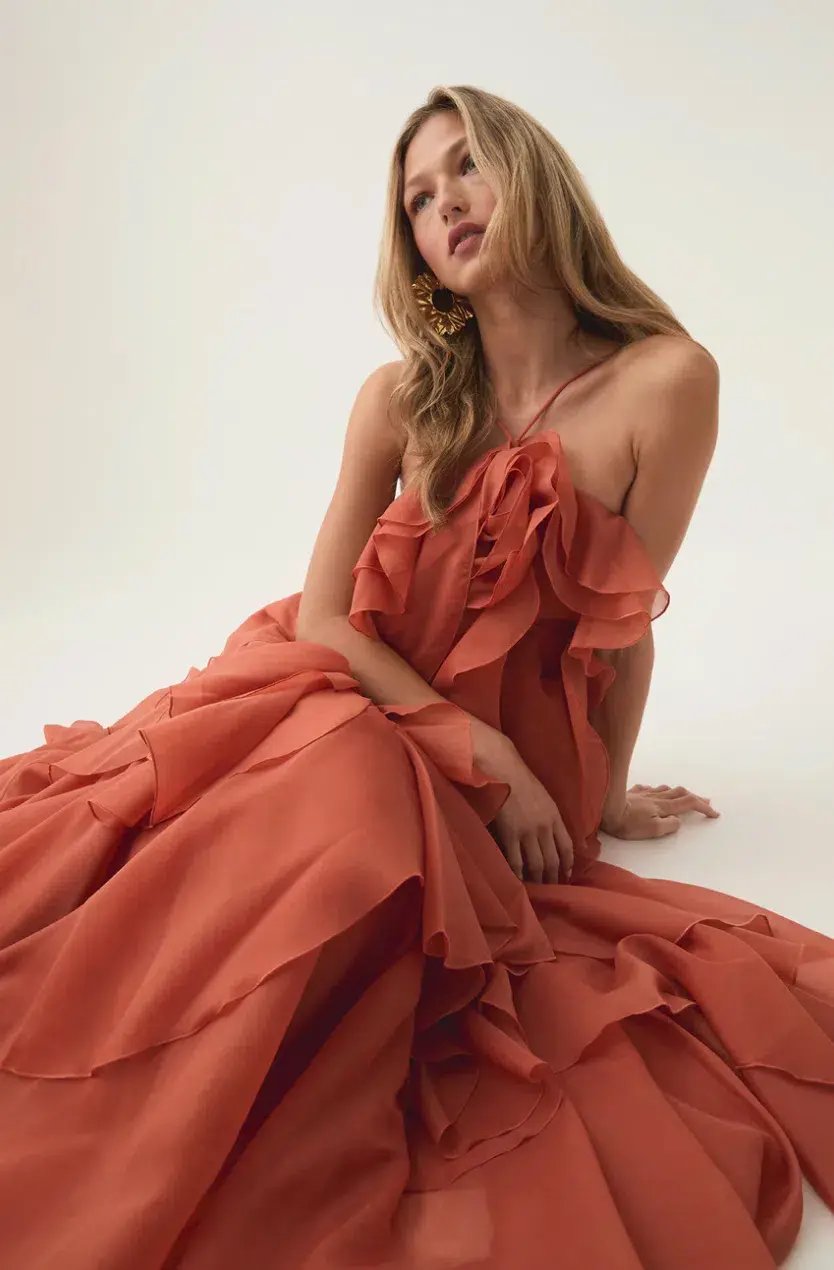 Aje Pandorea Layered Maxi Dress Coral Clay Size 14 photo 2