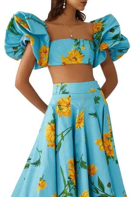 Leo Lin Marguerite Bleu Puff Top & Skirt Set Floral Size 6 photo 2