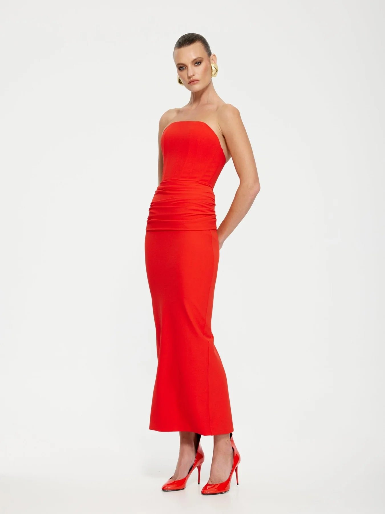 EFFIE KATS ASTOR STRAPLESS MIDI DRESS - CHERRY RED photo 4