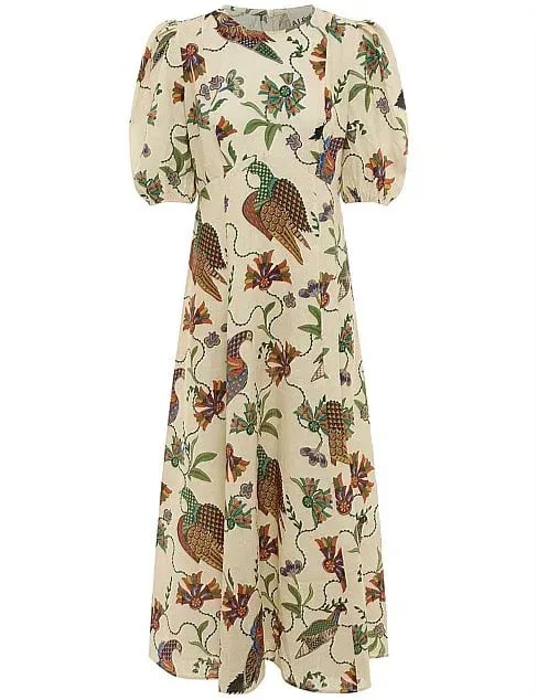 Alemais Birdie Puff-Sleeve Printed Linen Midi Dress Ivory/Print Size 16 photo 4