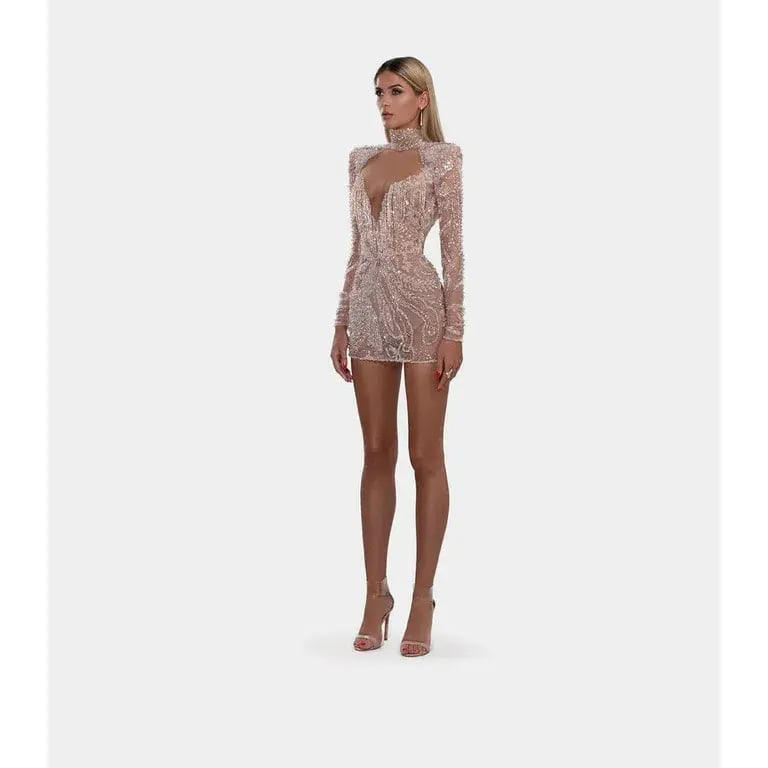 Albina Dyla Gold Couture Rose Gold Beaded Mini Dress Size AU 8 photo 2