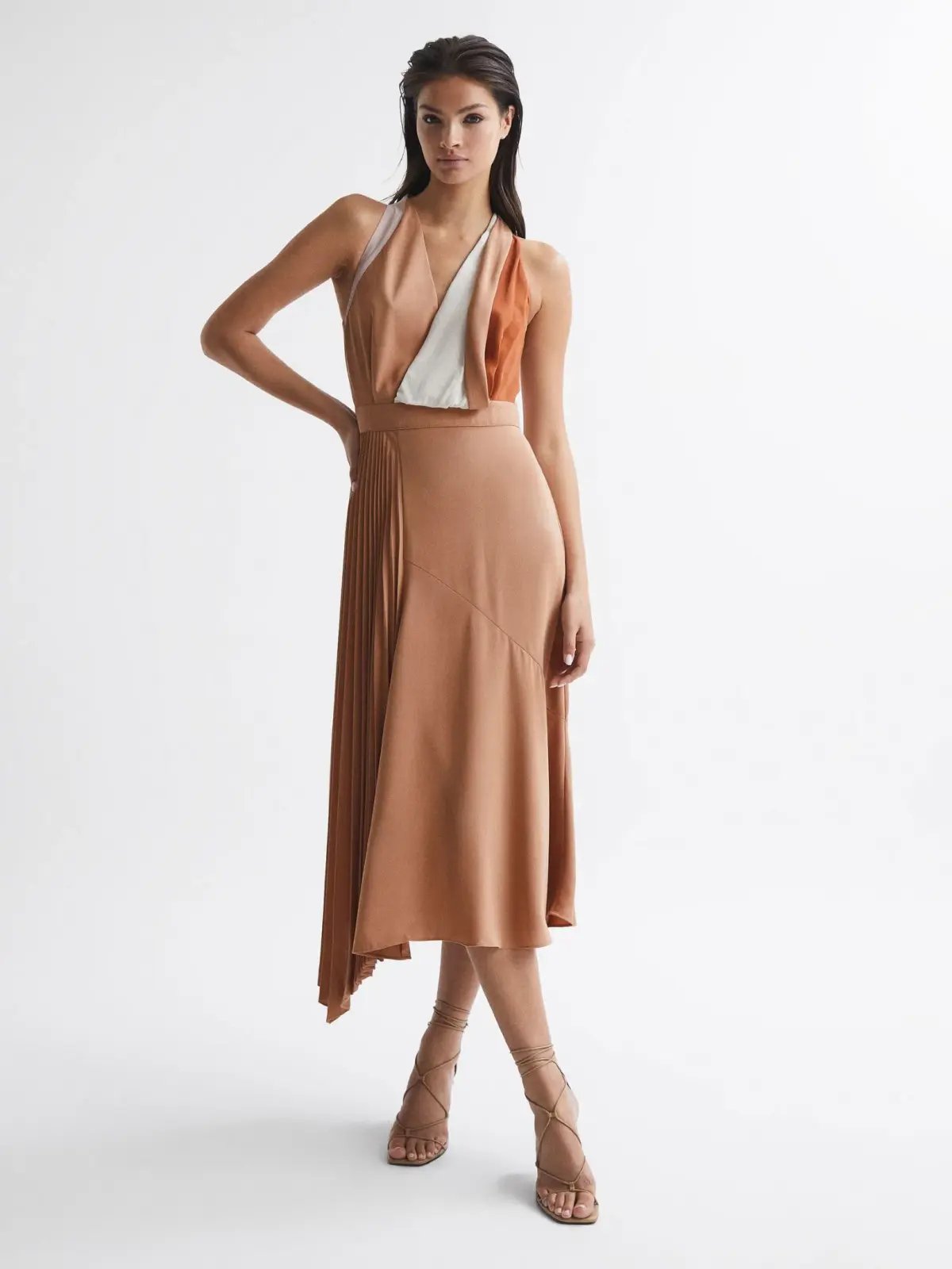 Reiss Anise Colourblock Midi Dress Multi Nude Size 8 photo 2