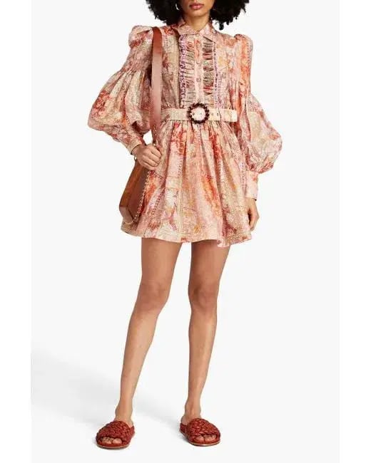 Zimmermann Belted Floral-print Linen And Silk-blend Mini Shirt Dress Size 0/au 8 photo 2