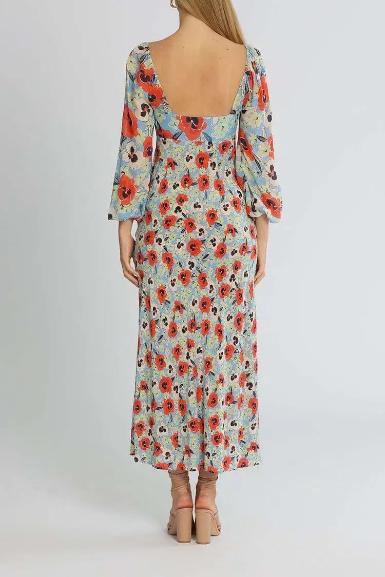 Rixo London Gio Neckline Midi Dress Blue Multi Print Size 14 photo 3
